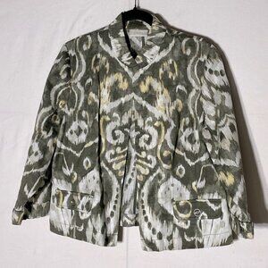 Chico’s Green Yellow Graphic Print Open Front Light Jacket XL Coastal Grandma
